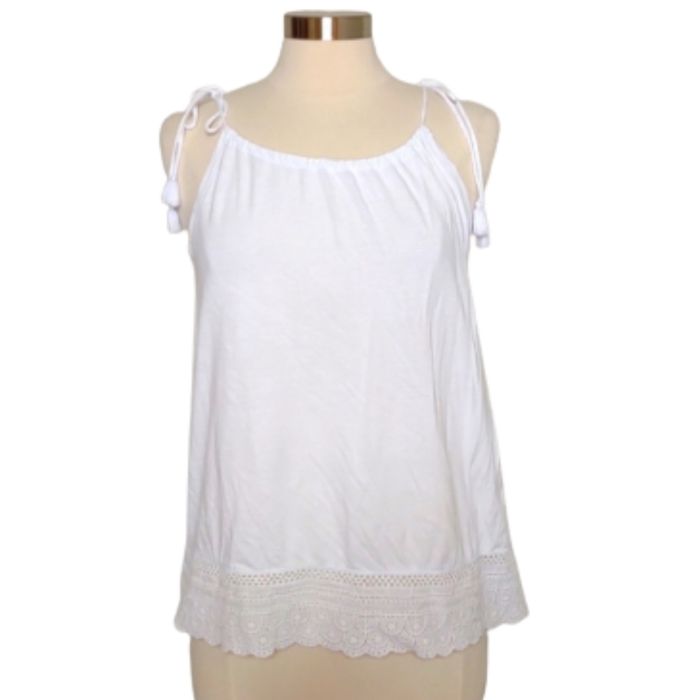 J.Crew White Cami Tank Top J1515 Cotton Tencel Eyelet Lace Hem Size Large